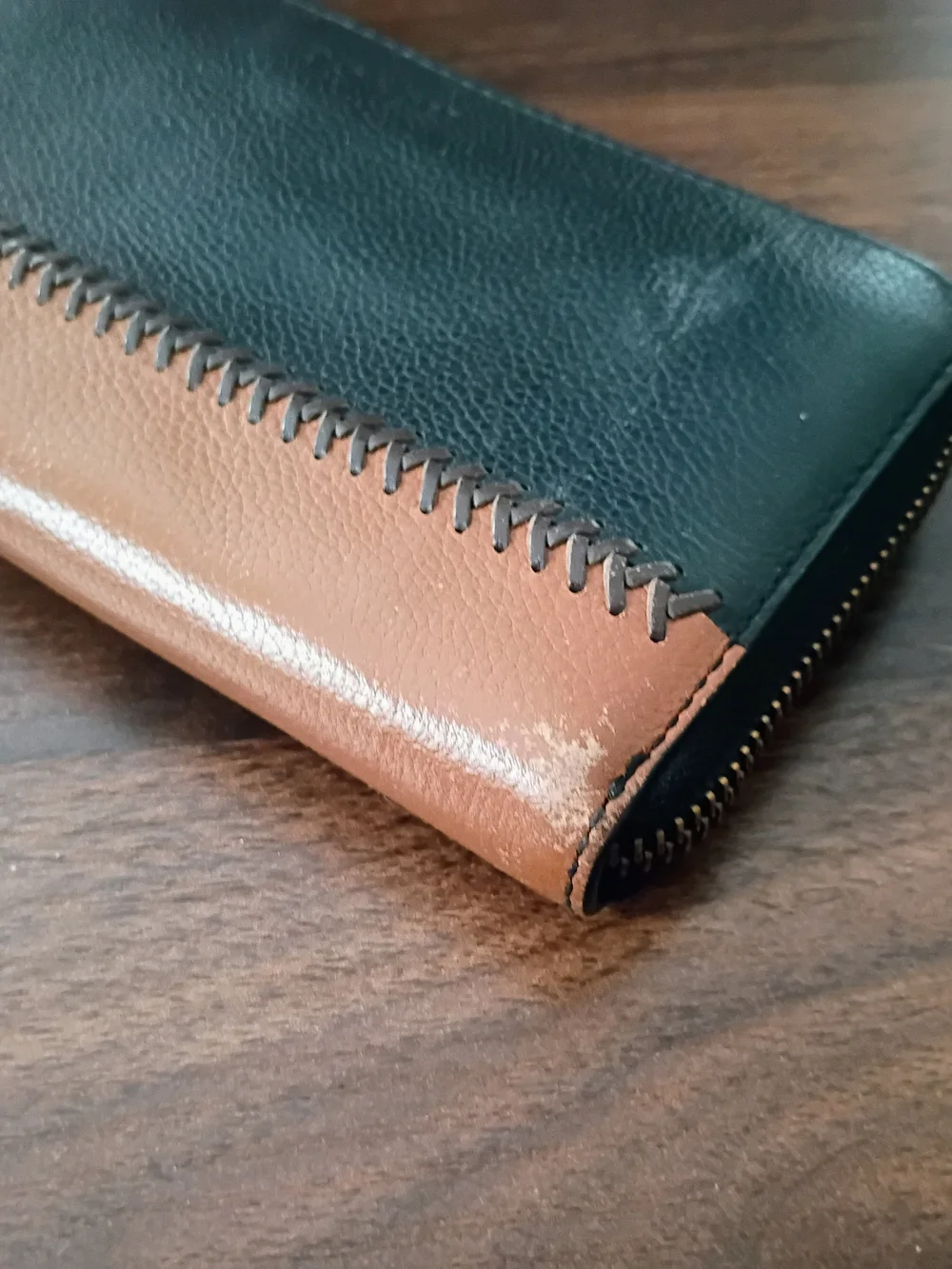 COACH Rip & Repair Accordion Zip Wallet - Black & Saddle Leather